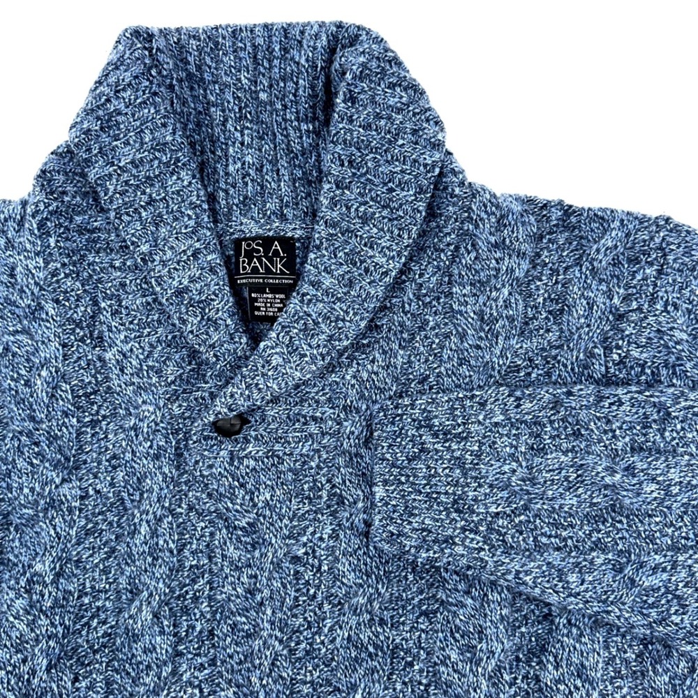 Jos‎ A Bank Sweater Mens Large Blue Exc Lambswool Cable Shawl Collar Pullover